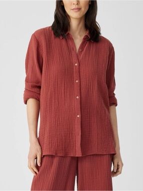 Eileen Fisher Organic Cotton Gauze Shirt Rust Button Front Women’s XL